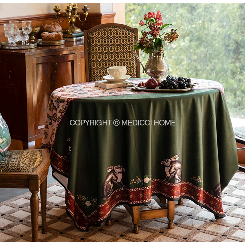 Medicci Home GG Style Inspired Velvet Tablecloth Italy Retro Green Rabbit Print Luxury Rectangle Table Cloth Cover Oval Overlay - Image 5