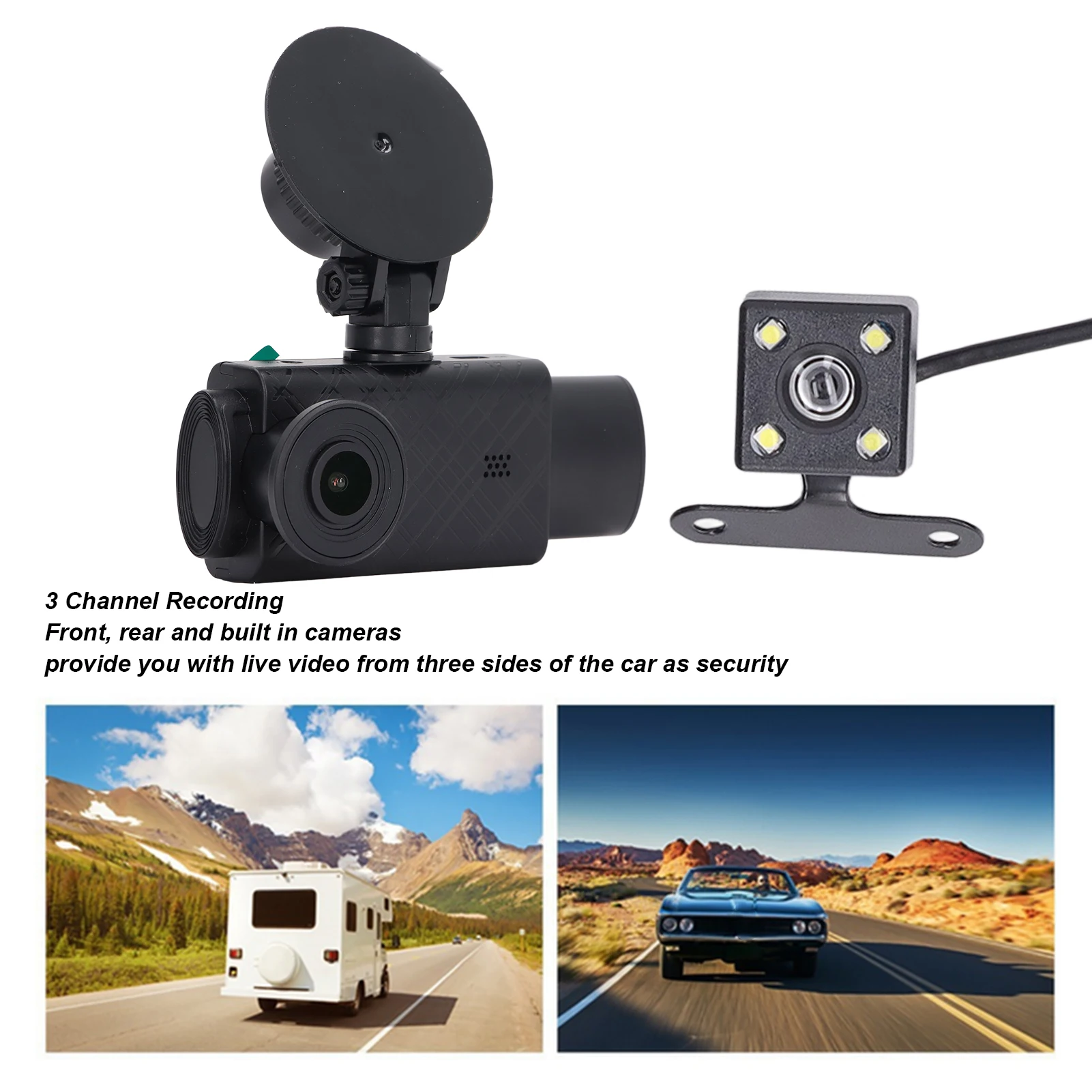 Dash Cam Dashboard Camera Recorder 2 Inch Display Night Vision Motion Detection 1080P High Definition 3 Lens for Parking