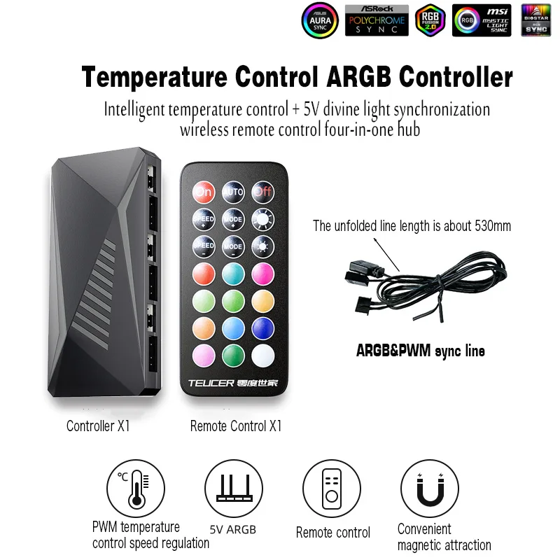 Teucer-controle Remoto Inteligente para Computador Regulador Case pc em Fan Hub Controlador de Velocidade Pwm 3pin 5v Ventilador Argb - Imagem 3