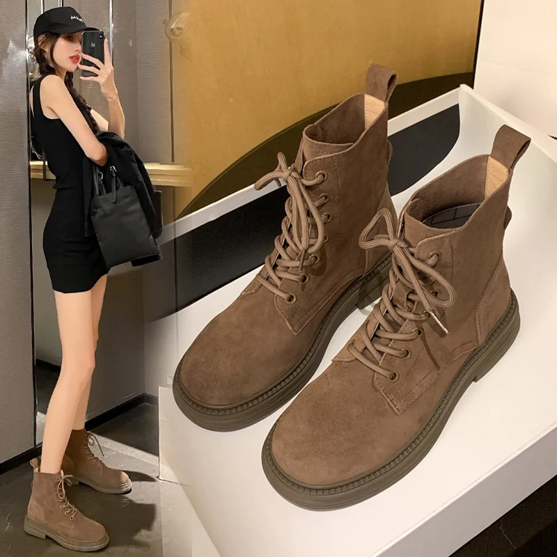 

Boots Spring And Autumn Women's 2023 New Soft-soled Cow Genuine Leather British Style Frosted Short Boots Women's