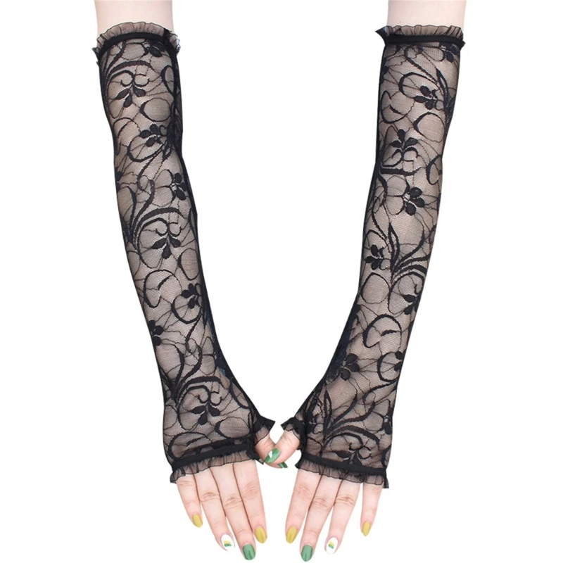 

Women Floral Long Lace Gloves with Thumb Hole Summer Fingerless Elbow Length Driving Arm Sleeves Bridal Wedding Prom Gloves