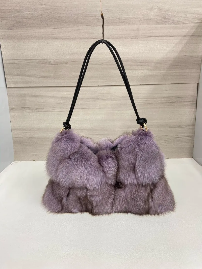 Women Winter Real Fox Fur Handbag Luxury Genuine Fur Party Bag Tote Designer High Quality Real Silver Fox Fur Handbags Female
