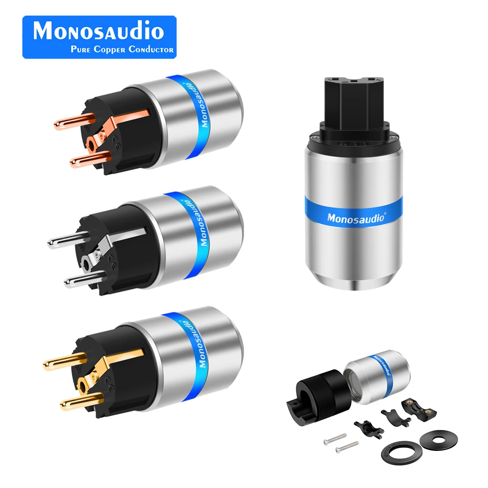 Power Cord Power Plug Connector Monosaudio E106G/F106G 99.998% Red Copper Gold Rhodium Plated Hifi EU power Plug IEC Fonnector Audio Schuko Power Cord Connector
