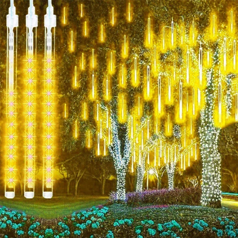 thumbnail image 1 of Juego de 1/2/3/4 luces de cadena con forma de lluvia de meteoritos, guirnaldas de hadas para la calle, decoraciones para árboles de Navidad para exteriores, luces de jardín para Año Nuevo, 1 of 5
