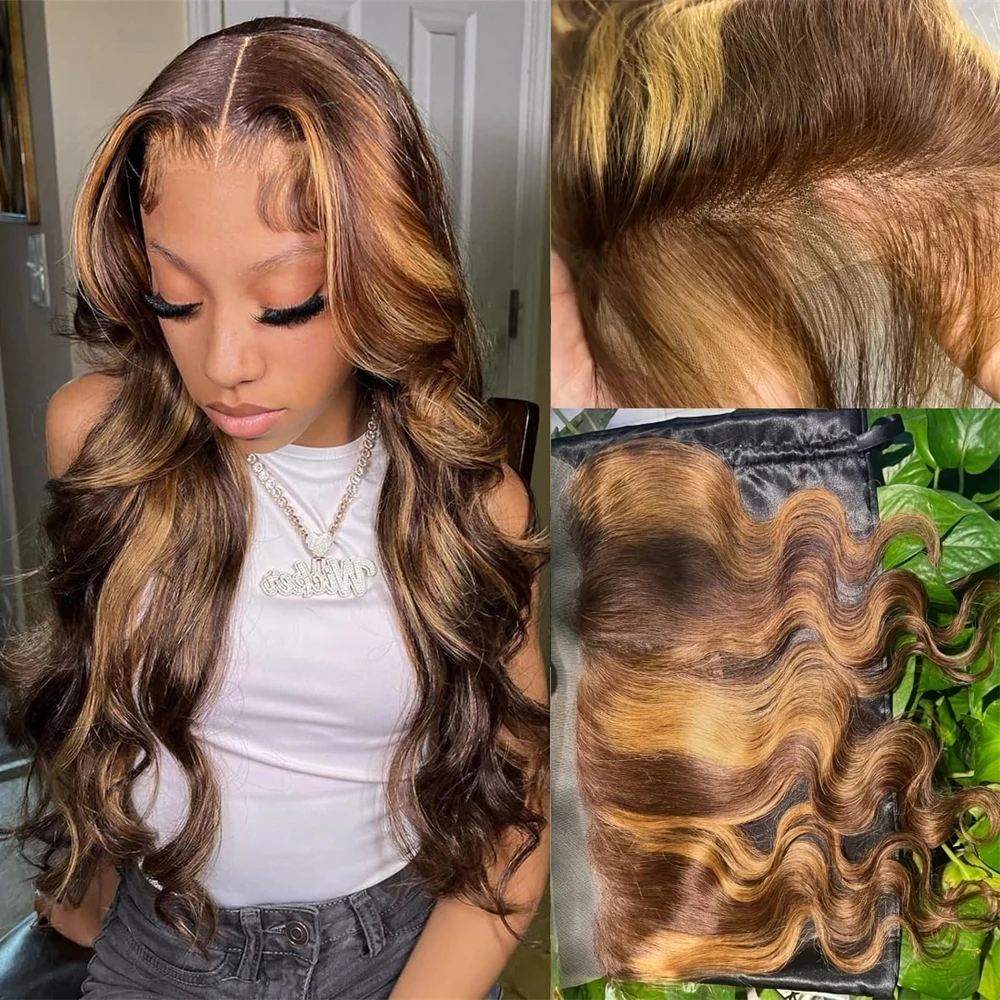 Highlight Body Wave Bundles Human Hair With Frontal P4/27 Ombre Honey Blonde 13x4 Lace Frontal With Bundle Remy Hair Extensions