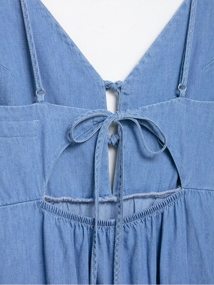 TFMLN Casual Denim Strap Midi Dress For Women New Style Slimming V Neck Blue Cowboy Sling Dresses Bow Decoration Summer Cloths