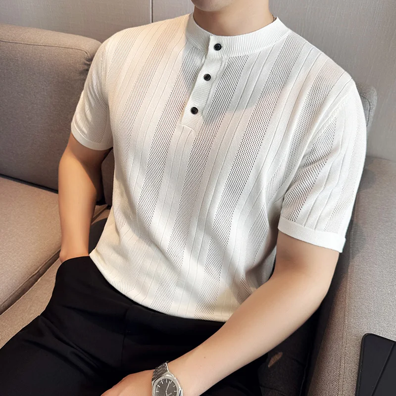 

Chinese Style Standing Collar Knitted T-shirt Men Summer Striped Hollowed Out Collarless Polo Shirt Casual Business Tee Tops