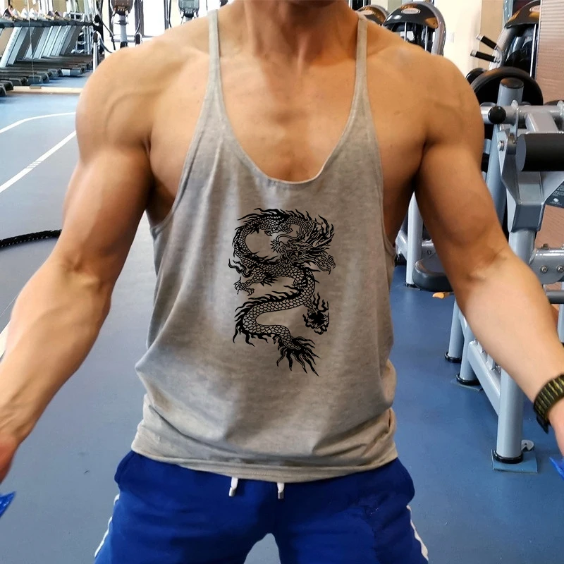 

Fitness Sleeveless Casual Loose Vest Men Summer Solid Dragon Print Tank Tops Thin Shoulder Strap Muscle Fit Sports Training Tees