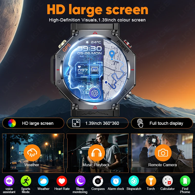 LIGE 2025 New For HUAWEI Xiaomi GPS Smartwatch Built-in GPS Compass Altitude Air Pressure BT Call 3ATM Waterproof Smart Watches