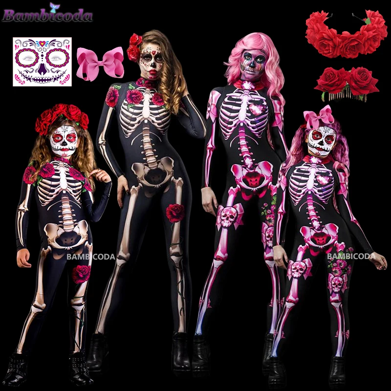 

Halloween Scary Cosplay Skeleton Rose Sexy Women Devil Vampire Jumpsuit Party Carnival Scary Costume Baby Girl Day Of The Dead