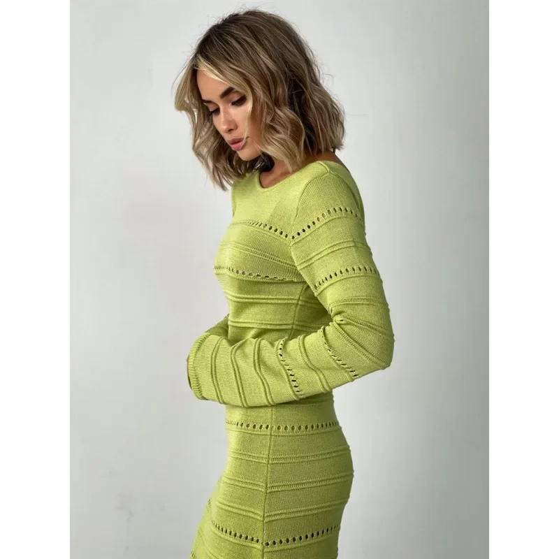 Striped Hollow Two-Wear Knitted Long Dress For Women Fashion Party Club Sweater Dress Vestido FemaleSlim Solid Outfits