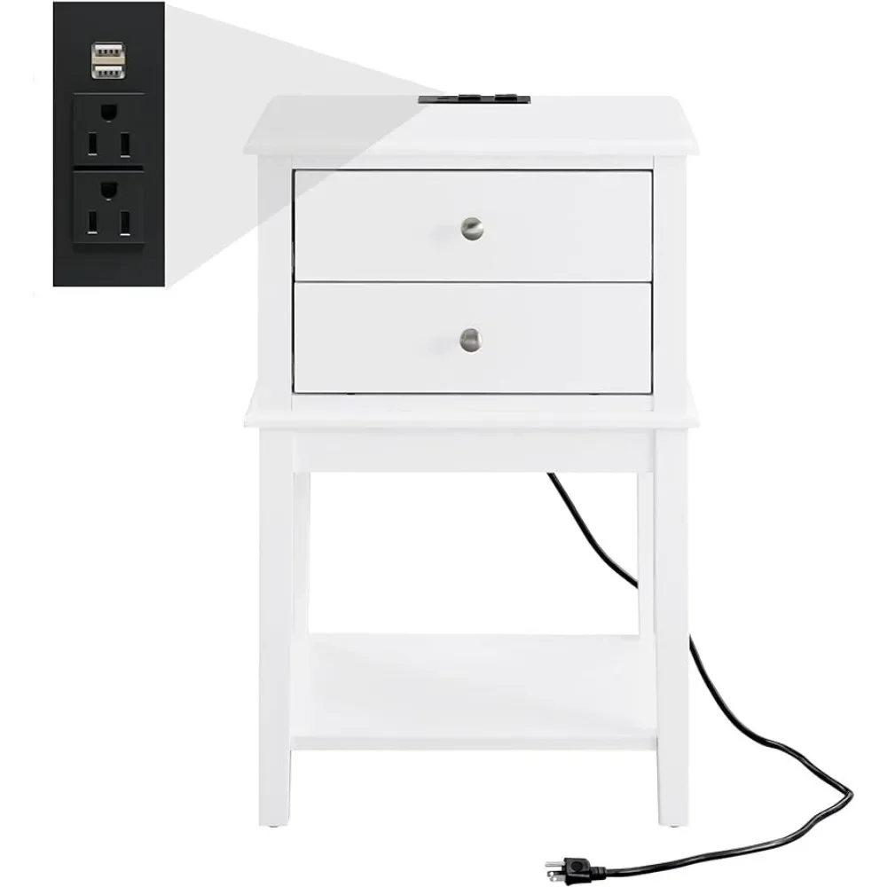 

Tall Bed Side Table With 2 Drawers for Living Room Home Office White Nightstand With Charging Station and USB Ports Night Stands