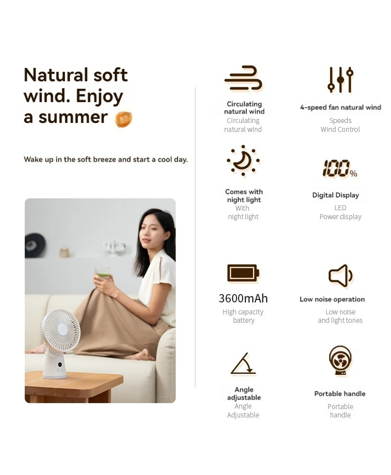 Description Picture 3 of itemIconic Brand New Type Portable Mini Desk Fan USB Rechargeable Handheld Mini Electric Fans Cordless Air Cooling Small Fan 4 Gears Speed