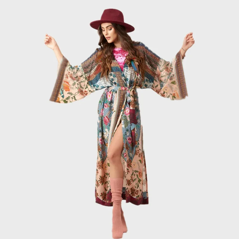Kaftan Long Boho Beach Dress Bikini Cover-up African Cotton Hippy Floral Free Size Women Beach Wear Cover Up Caftan Maxi Gown 2