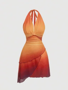 Gradient Bow Tie Strap Asymmetrical Backless Spaghetti Strap Dress