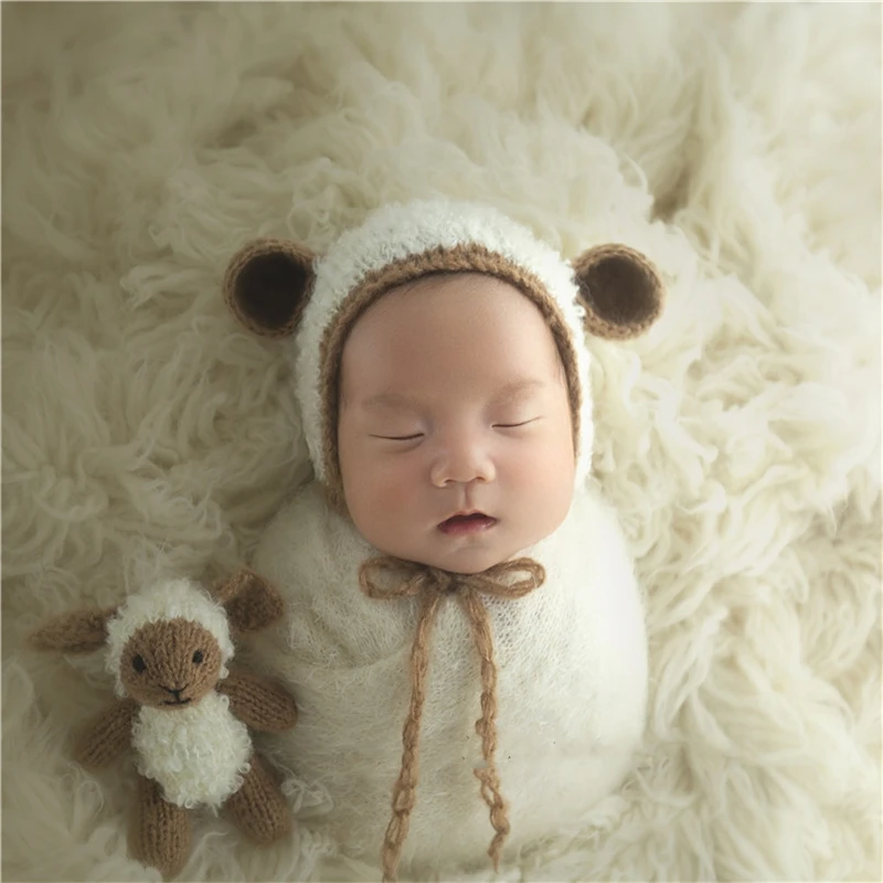 Dvotinst Newborn Photography Props Baby Knitted Cute Animals Doll Hat Bonnet 2pcs Fotografia Accessories Studio Shoot Photo Prop newborn photography props wrap hat set knitted high strechable fabric photoshoot accessories bebe shooting cute bonnet blanket