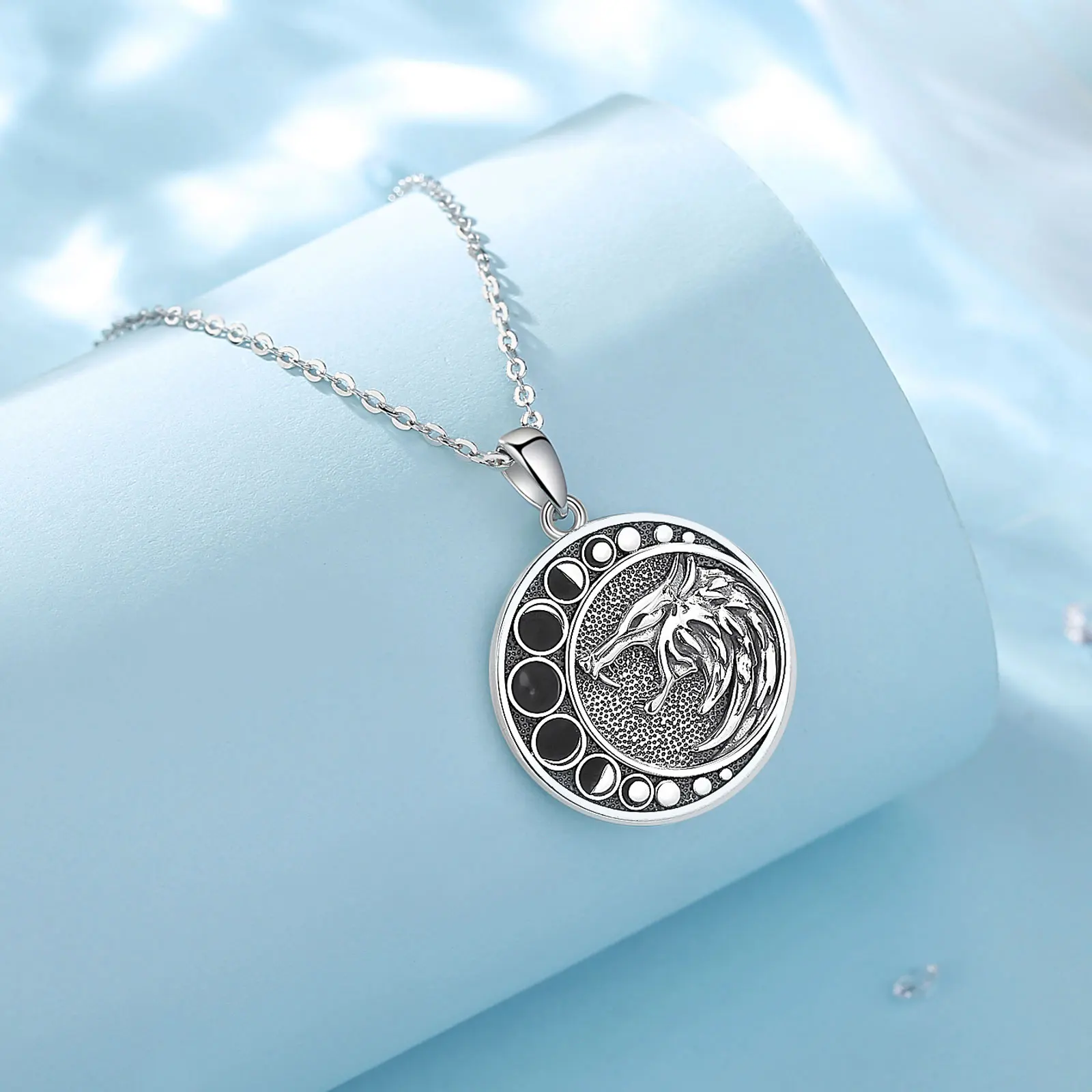Eudora 925 Sterling Silver Moon Wolf Necklace for Men Women Vintage Moon Phase Amulet Pendant Personality Jewelry Party Gift