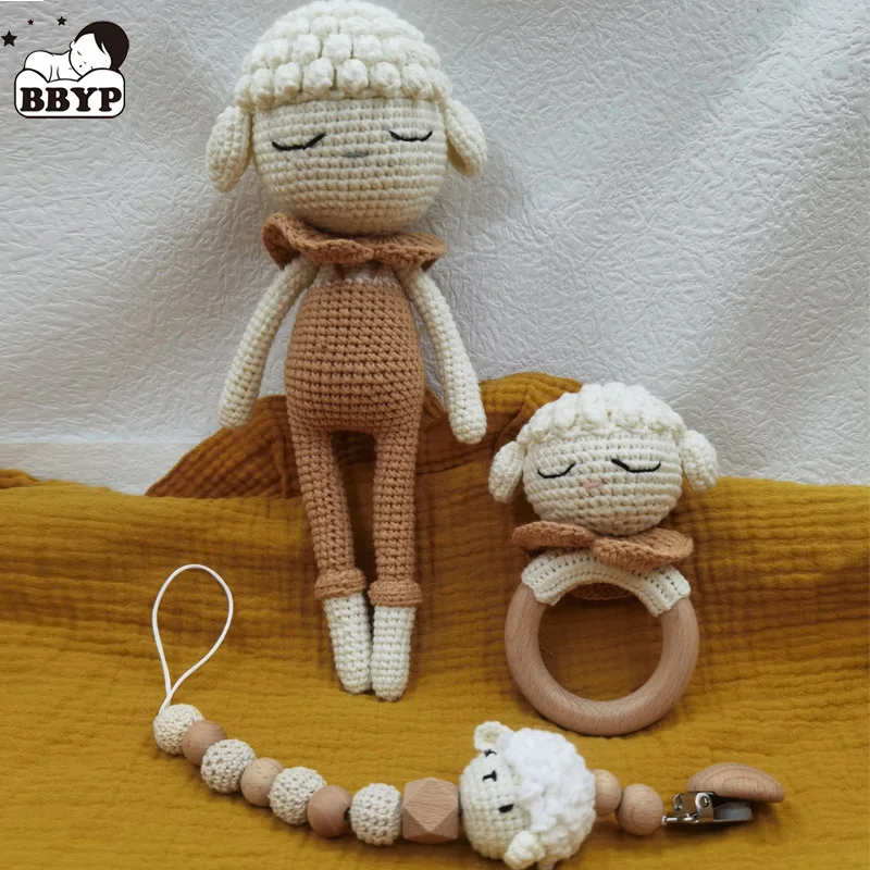 

Baby Pacifier Clip Crochet Sheep Handbell Teething Rattle Dummy Chain Boy Girl Unisex Teether Infant Shower Gift