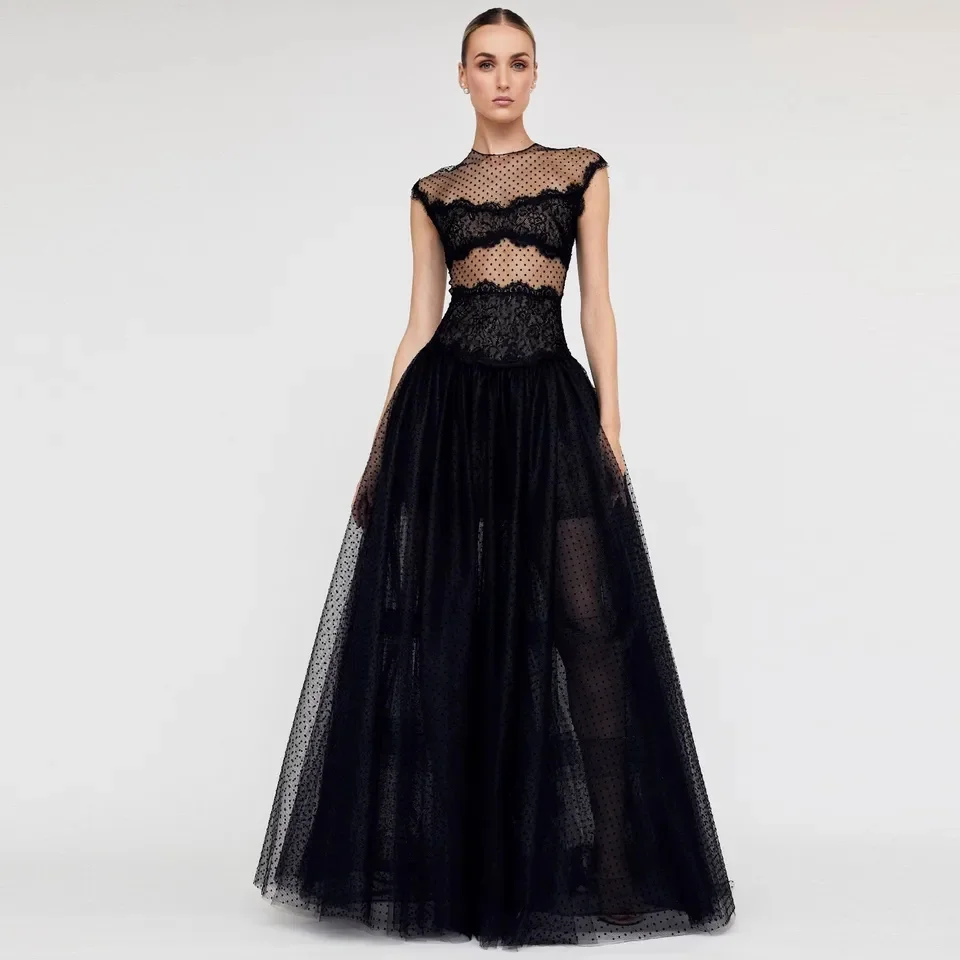 

New Sheer Applique Prom Gowns Lush Layered Party Dress vestido de fiesta Custom Made Black Dotted Long Prom Gown See Through