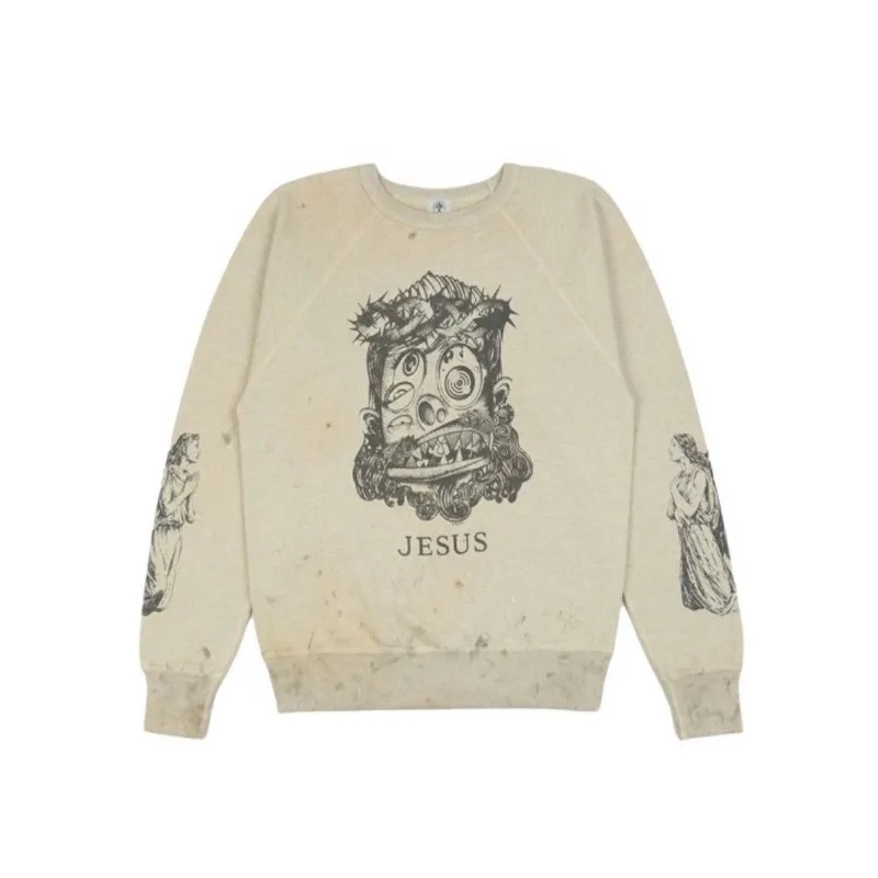 

japanese Saint Michael sweater jesus print wash retro damage hole street rock loose hoodie Ivory White casual fashion sweater