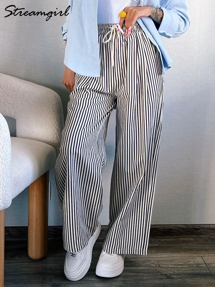 Streamgirl Wide Leg Women Striped Pants Autumn Black White