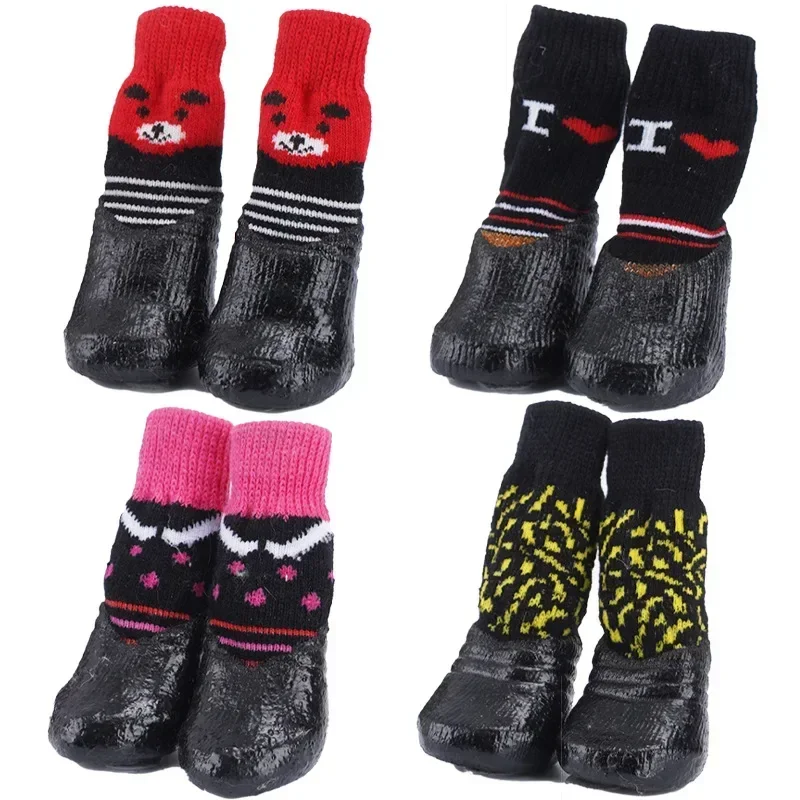 4pcs/Set Soft Cotton Pet Dog Shoes XS/XL Rubber Waterproof Non-slip Knit Warm Breathable Rain Snow Boots Socks for Small Dogs