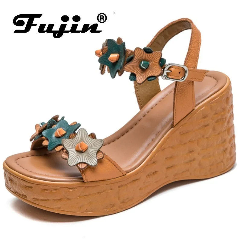 

Женские босоножки на танкетке Fujin, черные босоножки из натуральной кожи, на плоской платформе 8 см, с пряжкой и аппликацией, в этническом стиле, Летний сезон