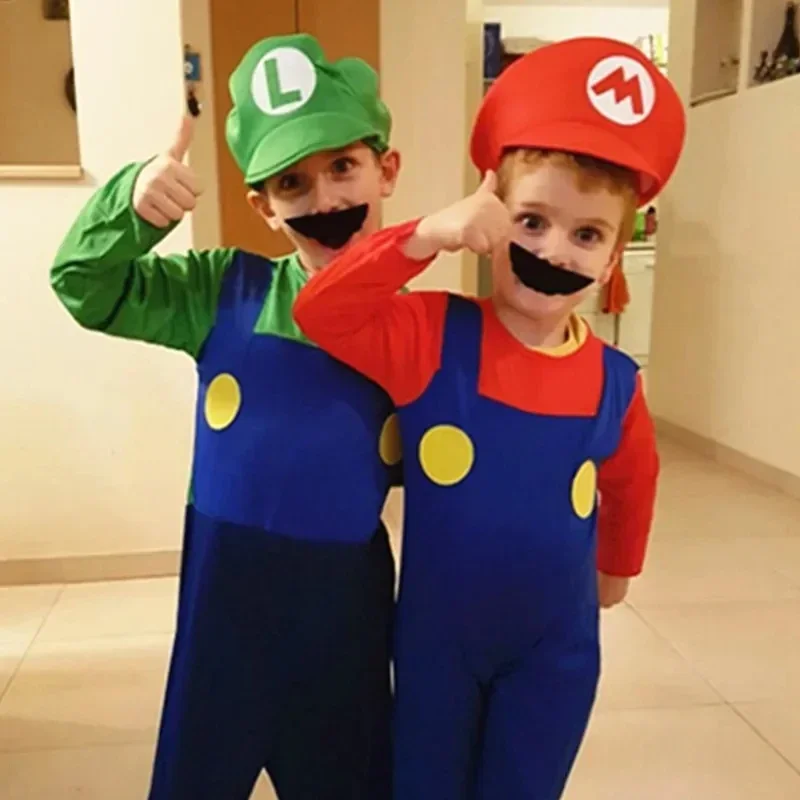 Anime Luigi Brothers Cosplay Costume Marios boy Jumpsuit Beard Hat Set Halloween Costume