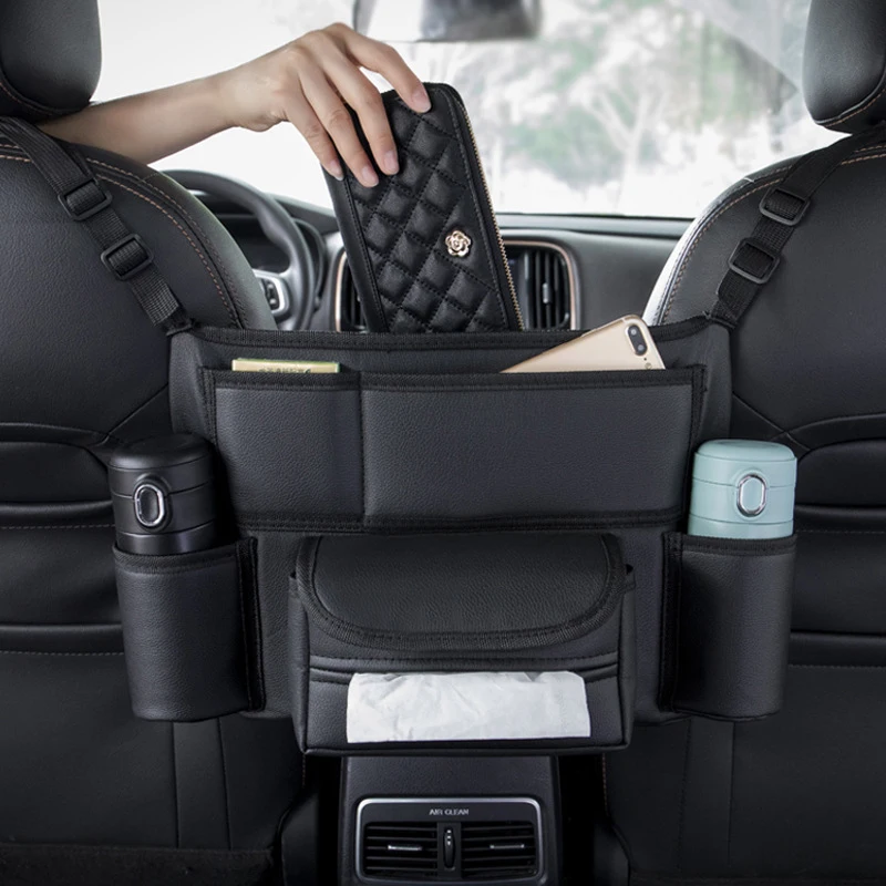 Auto Sitz Mitte Kleiderbügel Lagerung Tasche Luxus Auto Handtasche Leder Halter Zwischen Sitze Tissue Wasser Tasse Taschen Verstauen Aufräumen