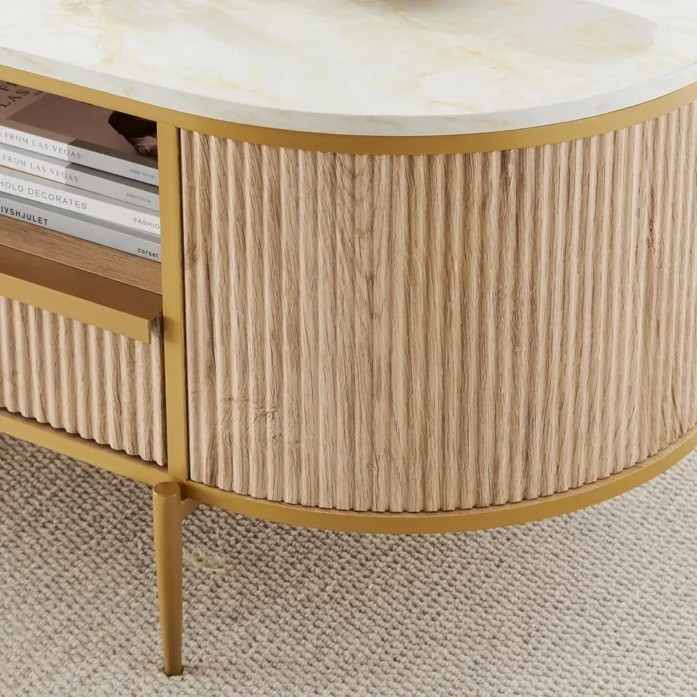 Fluted Coffee Table, 48" Oval Coffee Table with Drawer, Faux Marble Top, Curved Profile Design, Gold Metal Decor, Center Table 5