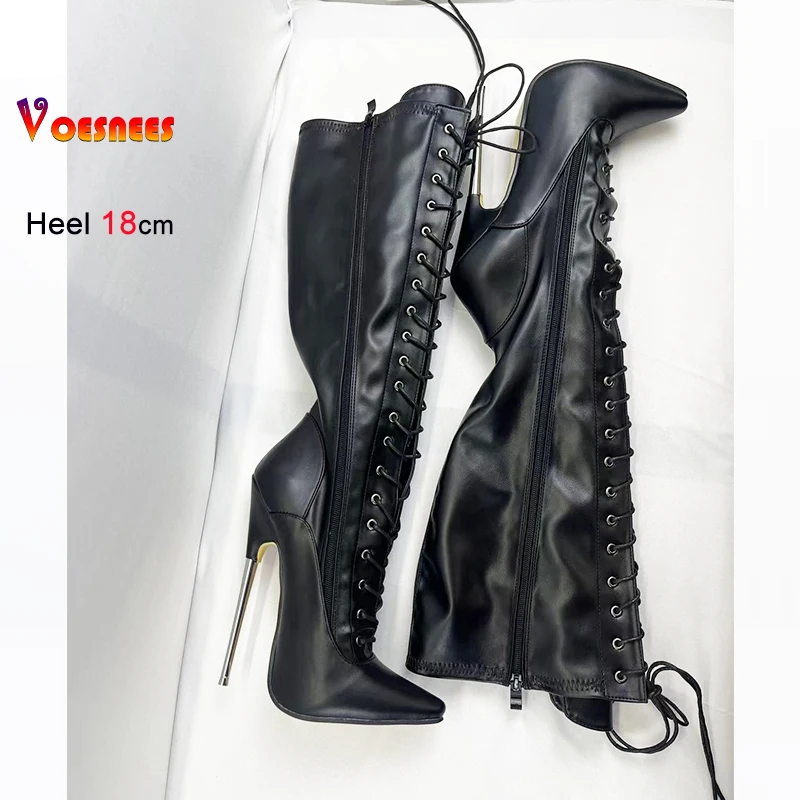 New 18cm Metal Heel Knee High Women Boots Night Club Stage Pointed Toe Pole Dance Shoes Patent Leather Custom Colors Plus Size