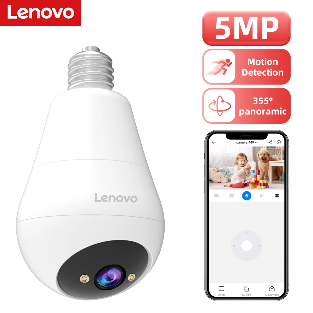 Telecamera IP WiFi Lenovo 5MP E27 a forma di lampadina per interni 360° ° Monitor di Sorveglianza CCTV per la Sicurezza Domestica con Visione Panoramica, Avviso di Movimento e Audio Bidirezionale