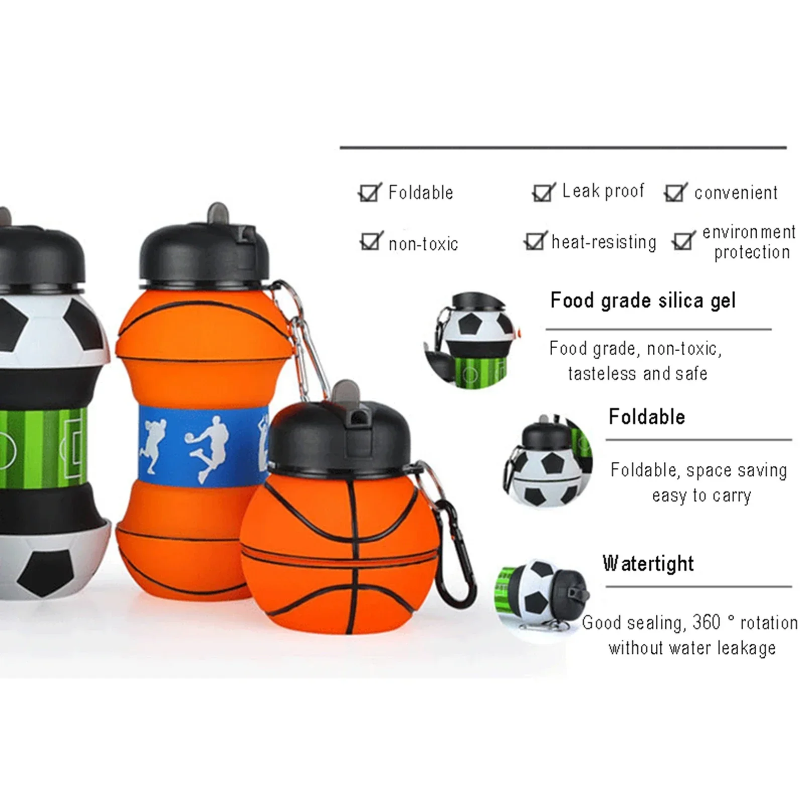 Outdoor Sports Fold Water Bottle Football Basketball Tennis Golf Leakproof Portable Silicone Kettle Travel Children Adult Bottle
