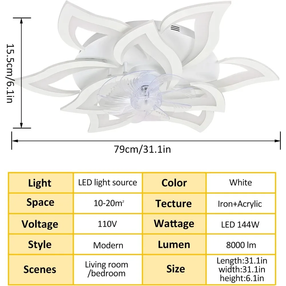 31.1-inch Ceiling Fans with Lights and Remote, Chandelier Ceiling Fans with 3 Color, 6 Speeds, Indoor Flush Mount