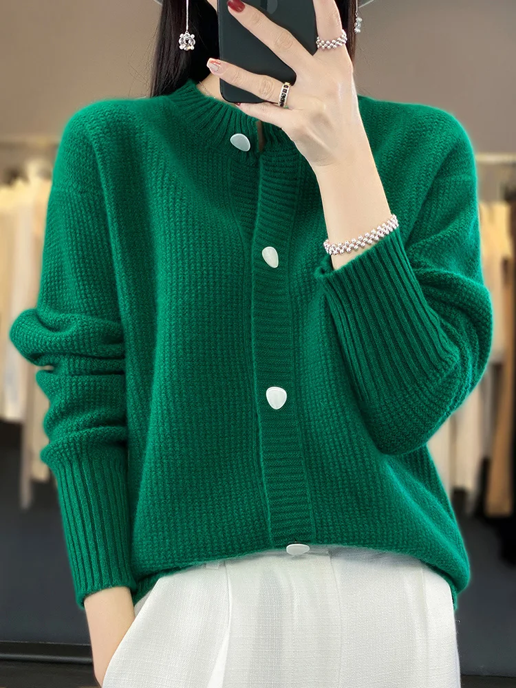 

Sigutan 2023 Autumn Winter New Chic Women Cardigan O-Neck High Quality Soft 100% Merino Wool Female Sweater Cashmere Knitwear