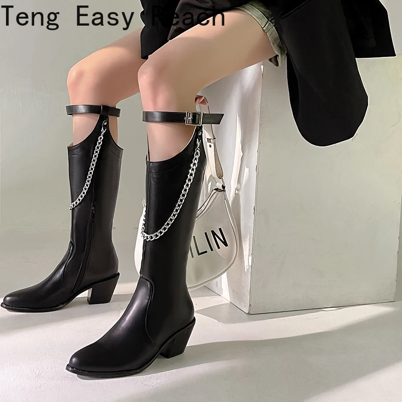 2022 Fashion Knee High Boots New Hollow Punk Style Thick Heel Zipper  Metal Chain Decoration Knee Boots Women's Shoes Size 34-43