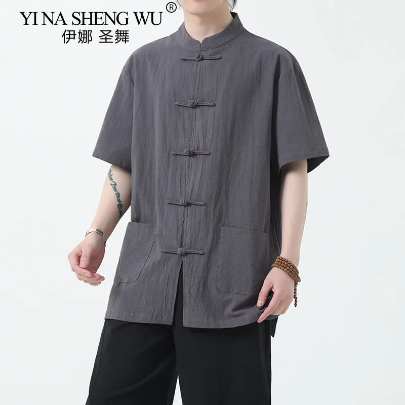 Summer Chinese Style Men's New Chinese Style Cotton and Linen Shirt Tang Suit Short-sleeved Retro Stand-up Collar Buttoned Shirt