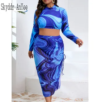 Plus Size Women's Swimwear 2025 Tie Dye Printed 3 Piece Swimsuit Long Sleeve Sexy Bikinis Set Beach Outfits Mesh Skirt Suit