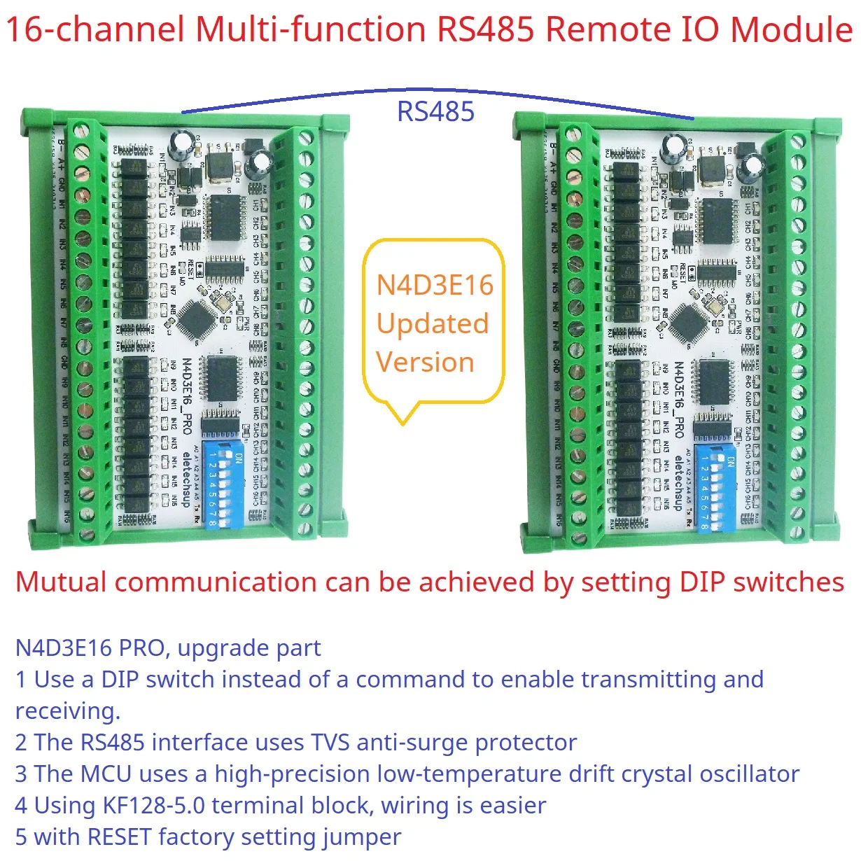 양방향 풀 듀플렉스 투명 변속기, 디지털 IO RS485 Modbus RTU 모듈, N4D3E16 Pro DIP 스위치 보드, 16 채널