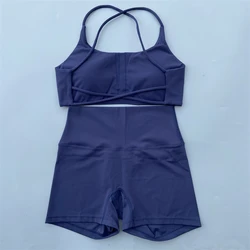 Women's Yoga Sports Set - Cross Straps Bra & High Waist Shorts Workout Outfit - S (Navy Blue Set)