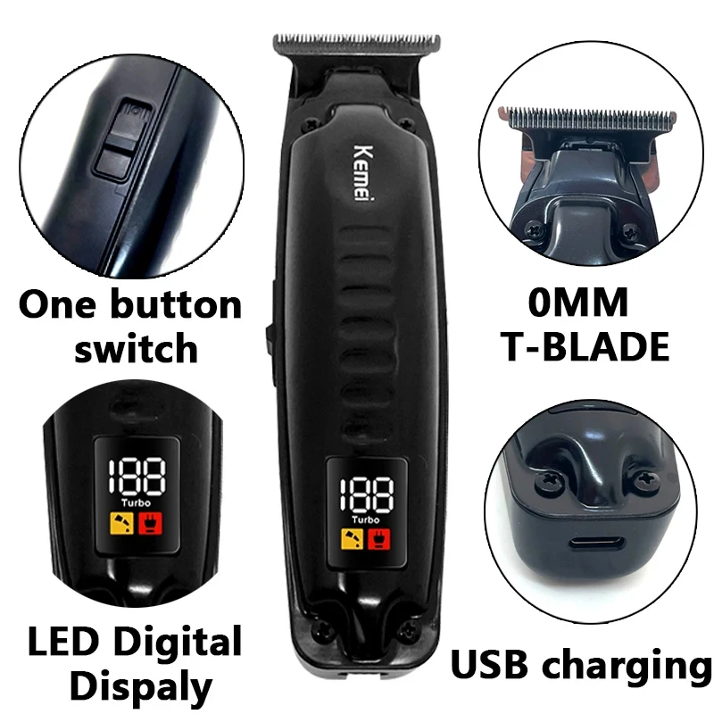 Kemei KM-1578 남성용 충전식 헤어 클리퍼, 전문 LCD 디지털 디스플레이, USB 충전 헤어 커팅 머신