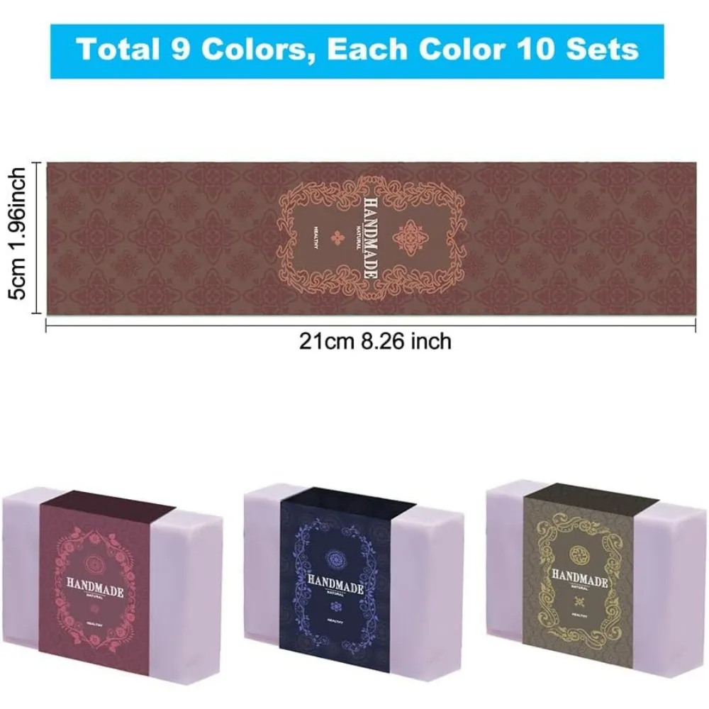 90PCS Handmade Wrap Label Tape 9 Styles Floral Kraft Paper Soap Wrappers Vertical Soap Paper Tag Sleeves Covers for