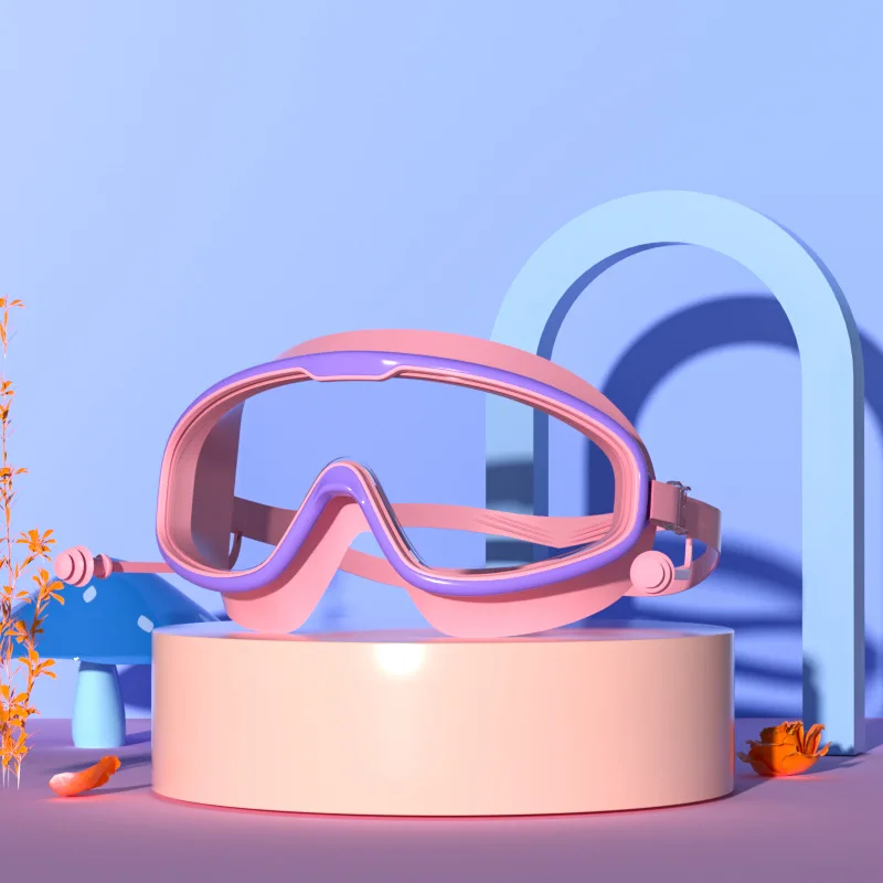 Swimming Goggles Large Frame Waterproof Anti-Fog Hd One-Piece Earplugs Silicone Children Swimming