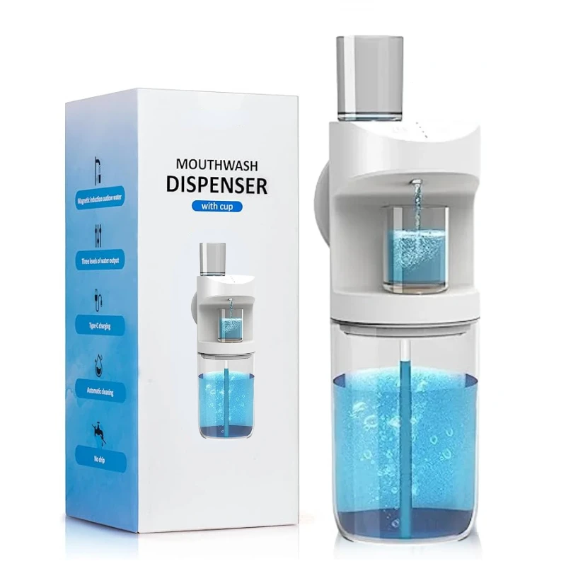 Mouthwash Dispenser 550ml Automatic Rechargeable Mounted with 3 Dispensing Levels and Magnetic Cups Storage