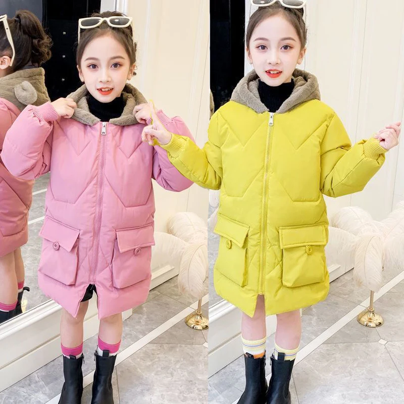 

3-12 Years Winter Keep Warm Girls Jacket Cute Bear Ears Lining Plus Padded Thick Hooded Coat For Kids Children Outerwear