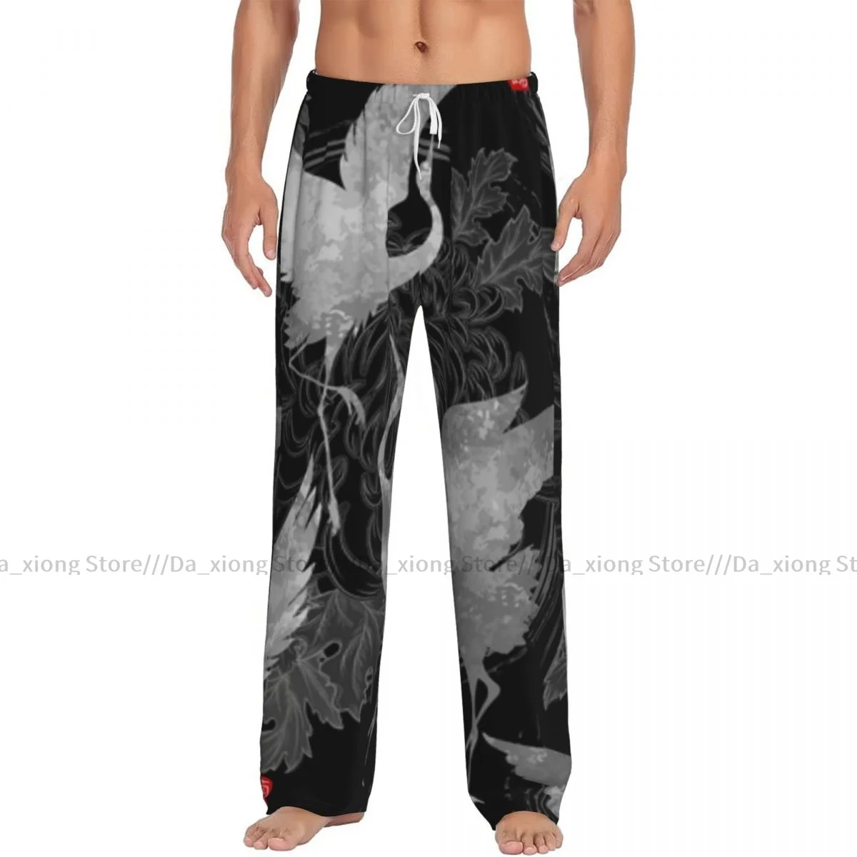 Men\'s Casual Pajama Sleeping Pants Cranes Tanajura With Japanese Hieroglyphs Lounge Loose Trousers Comfortable Nightwear