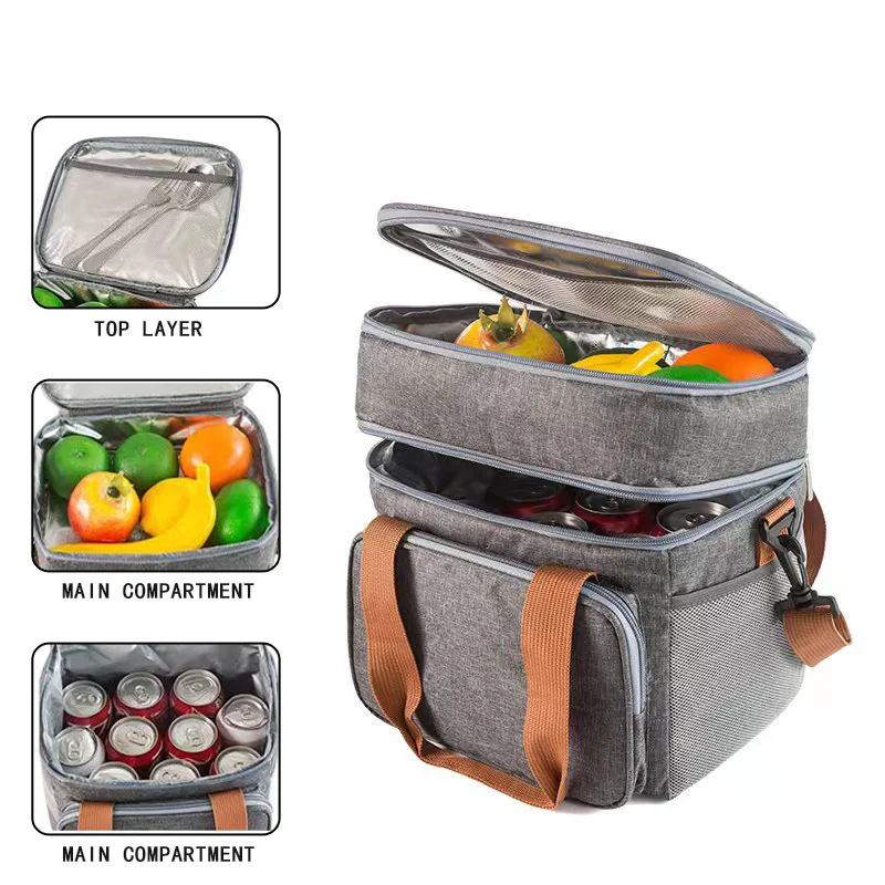 Double Layer Thermal Lunch Bag Large Capacity Picnic Bento Box Meal Pouch Food Insulated Cooler Delivery Bags for Women Men Kids