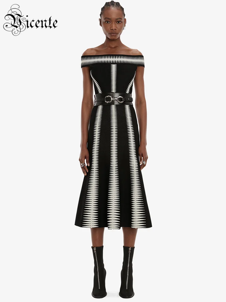

VC Summer Elegant Dresses Woman 2022 New Trendy Geometries Jacquard Bandage Midi Dress Office Ladies Daily Wear