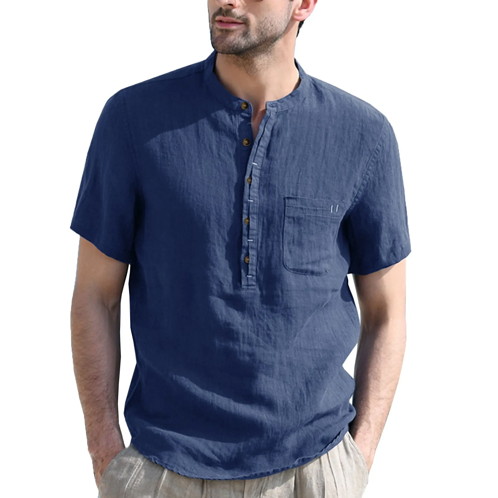 Men Cotton Linen Solid Shirts Tops Casual Stand Collar Pockets