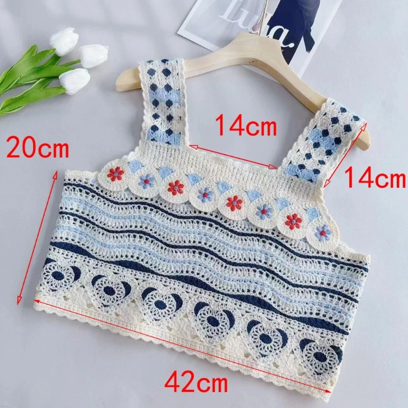 

Women Holiday Sleeveless Crochet Striped Crop Top Beach Square Neck Cami Vest